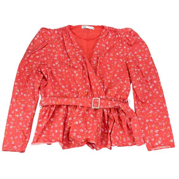 ZARA Red Floral Print Top Blouse With Belt Puff Shoulder Size XL - Picture 9 of 13